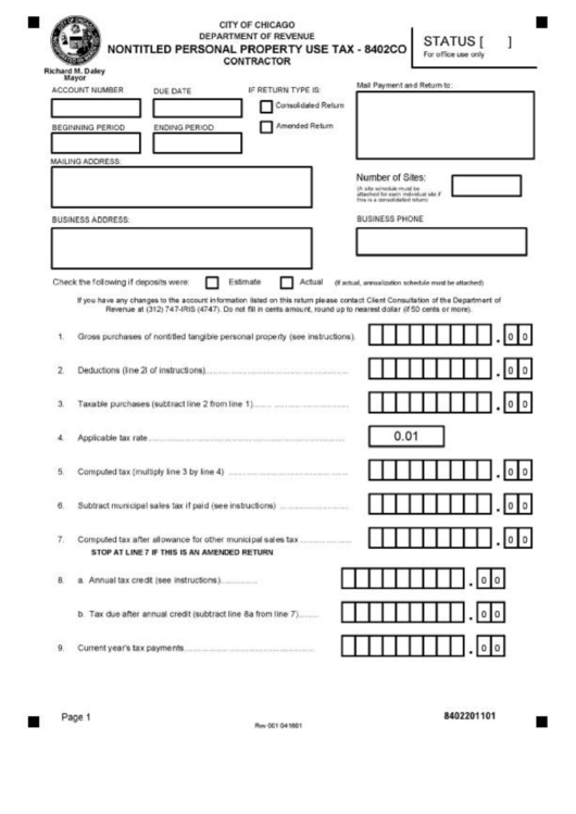 Form 8402co - Nontitled Personal Property Use Tax Printable pdf