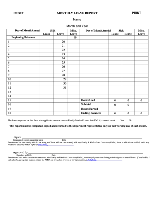 Fillable Monthly Leave Report Printable pdf
