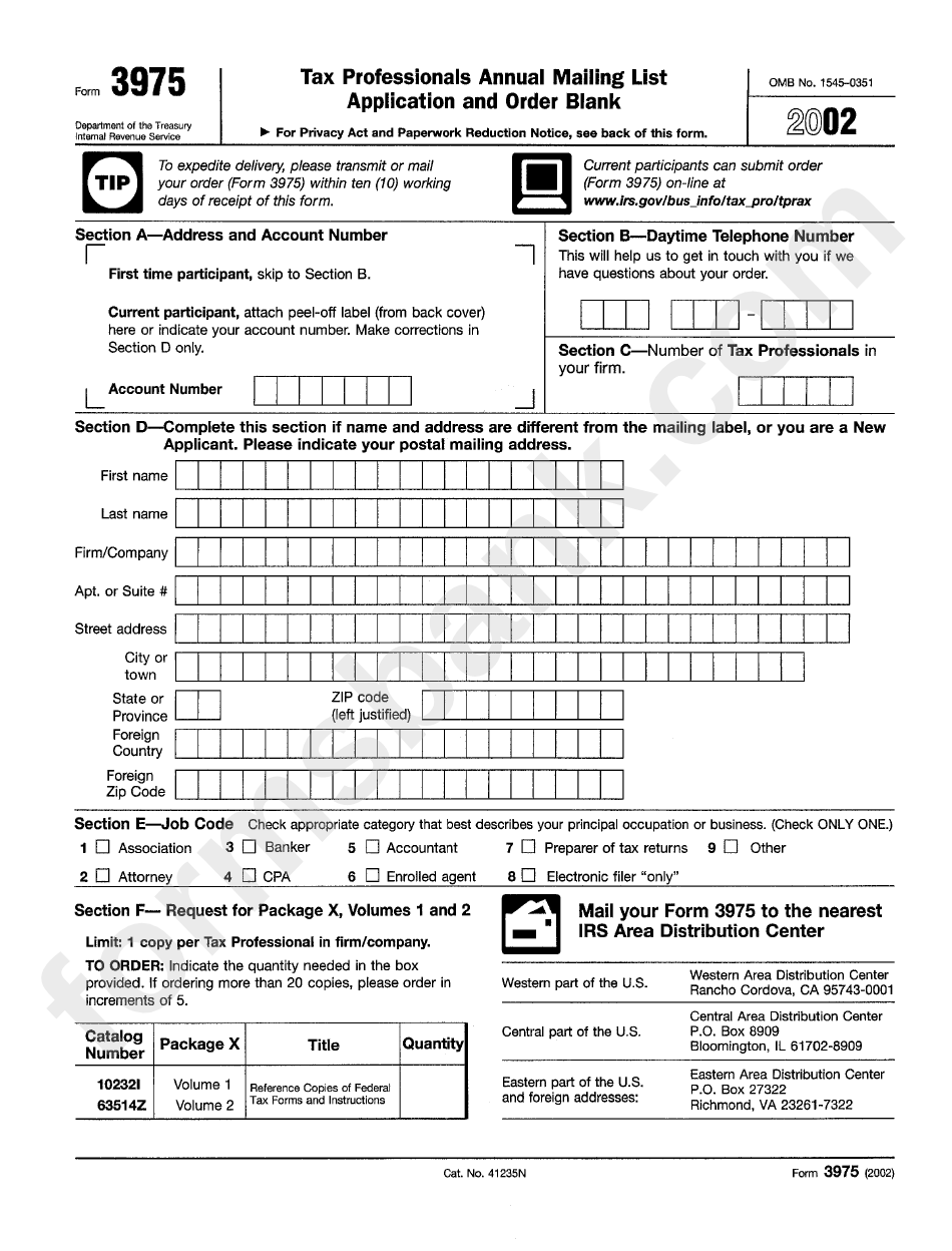 Form 3975 - Tax Professionals Annual Mailing List Application And Order Blank - 2002