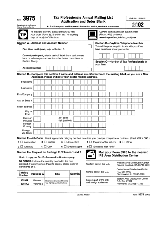 Form 3975 - Tax Professionals Annual Mailing List Application And Order Blank - 2002 Printable pdf