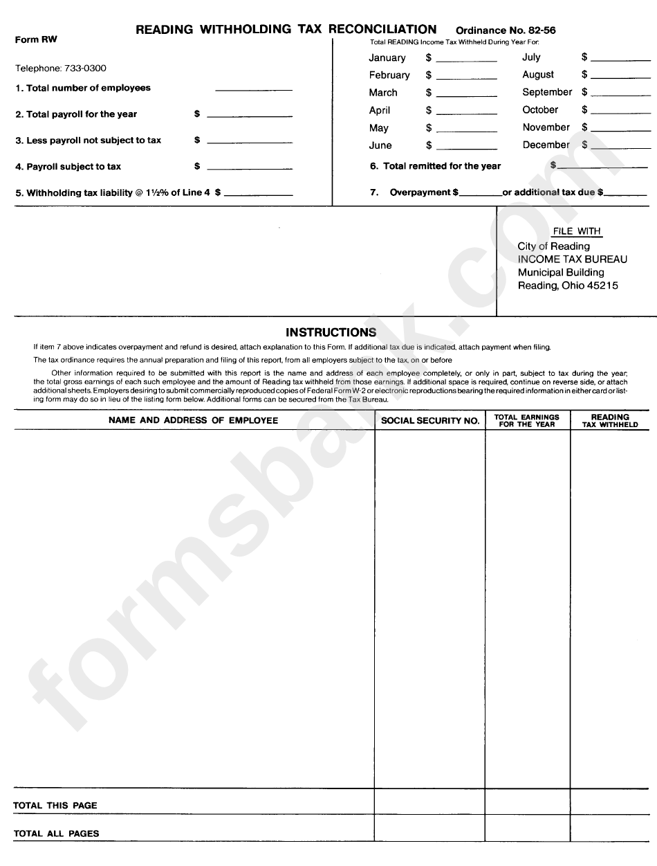 Form Rw - Reading Withholding Tax Reconciliation