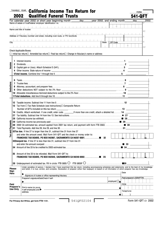 Form 541-Qft - California Income Tax Return For Qualified Funeral Trusts - 2002 Printable pdf
