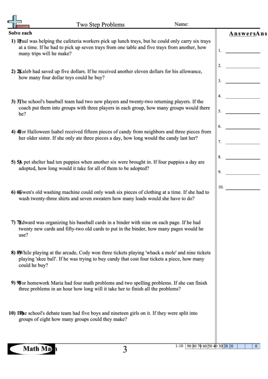 Two Step Problems Math Worksheet With Answer Key Printable pdf