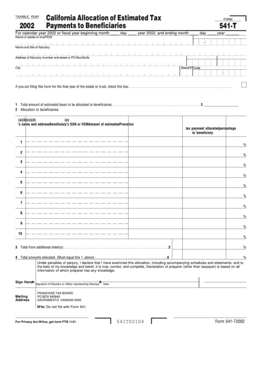 Form 541-T - California Allocation Of Estimated Tax Payments To Beneficiaries - 2002 Printable pdf
