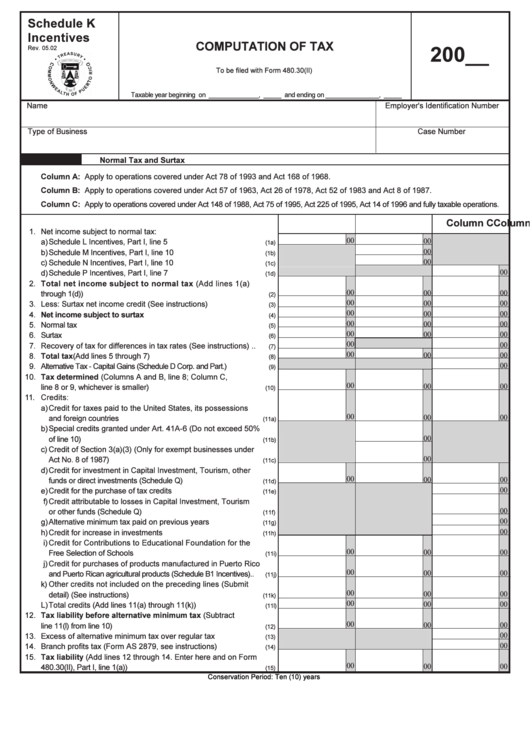 Schedule K Incentives - Attachment To The Form 480.30(Ii) - Computation Of Tax - 2002 Printable pdf