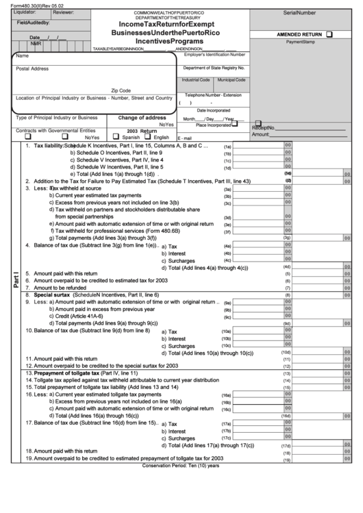 Form 480.30(Ii) - Income Tax Return For Exempt Business Under The Puerto Rico Incentives Programs Printable pdf