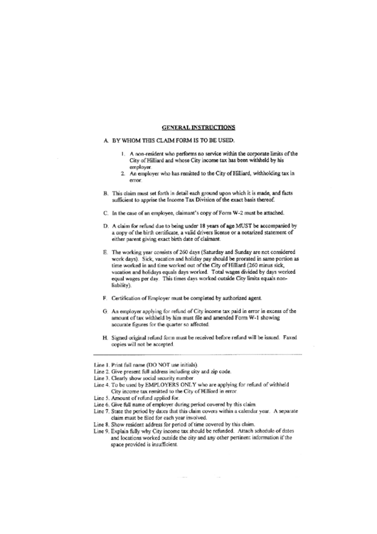 City Of Hilliard Claim Form Instructions Printable pdf