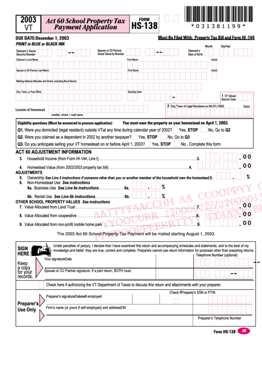Form Hs-138 - Act 60 School Property Tax Payment Application - 2003 Printable pdf