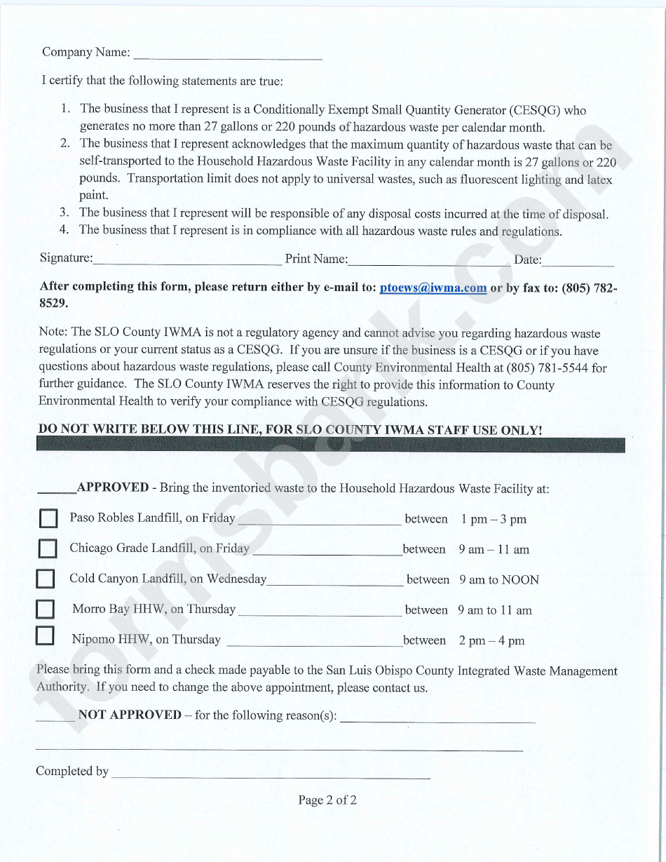 Cesqg Waste Inventory And Certification Form - San Luis Obispo County