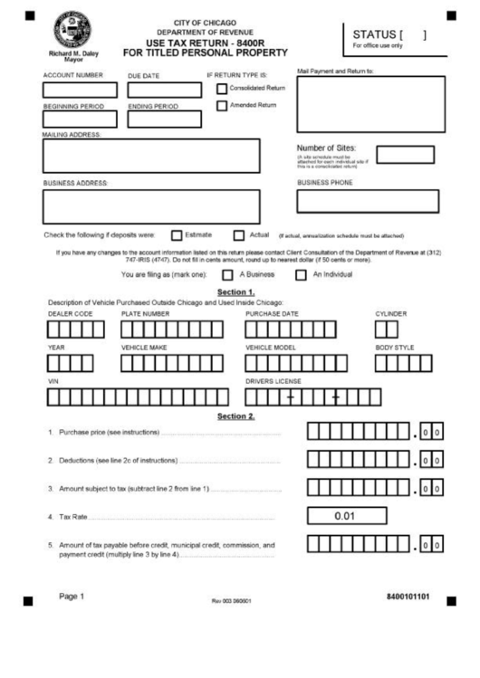 Form 8400r - Use Tax Return For Titled Personal Property Printable pdf