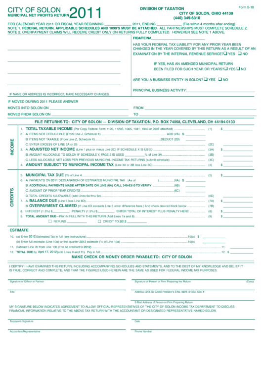 Form S-10 - Minucipal Profits Return - City Of Solon - 2011 Printable pdf