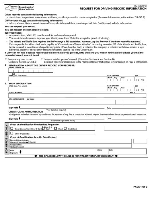 Form Mv-15c - Request For Driving Record Information Printable pdf