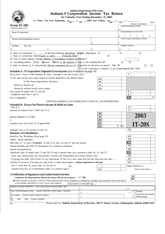 Form It-20s - Indiana S Corporation Income Tax Return - 2003 Printable pdf