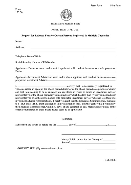 Fillable Form 133.36 - Request For Reduced Fees For Certain Persons Registered In Multiple Capacities Printable pdf