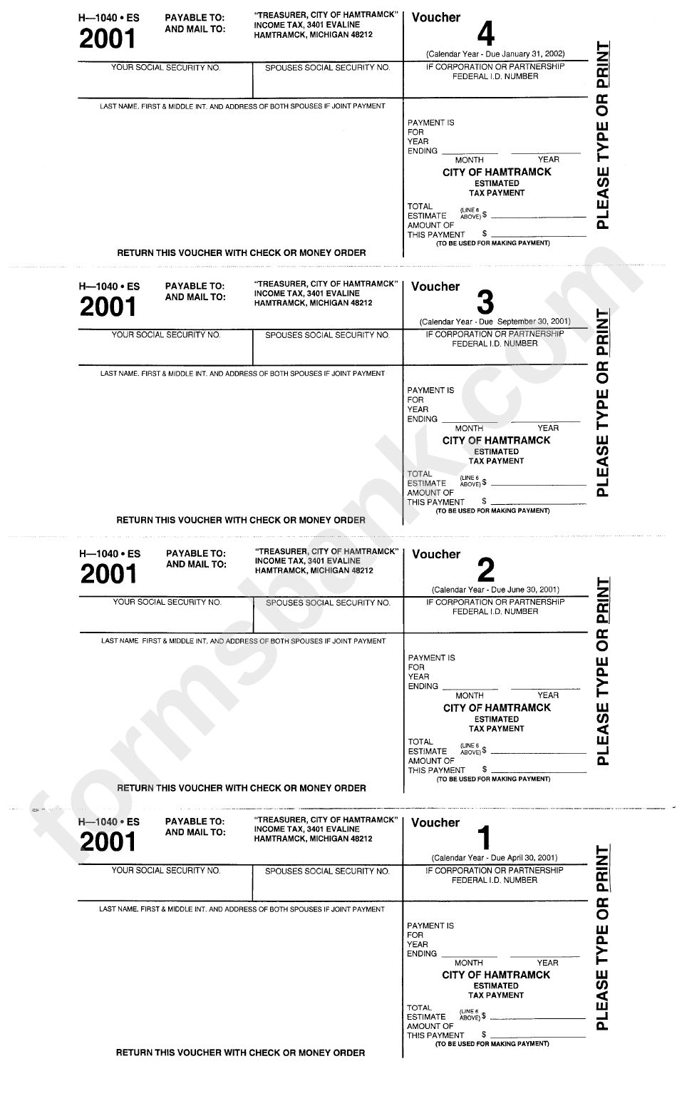 Form H-1040 Es - City Of Hamtramck Estimated Tax Payment Voucher - 2001