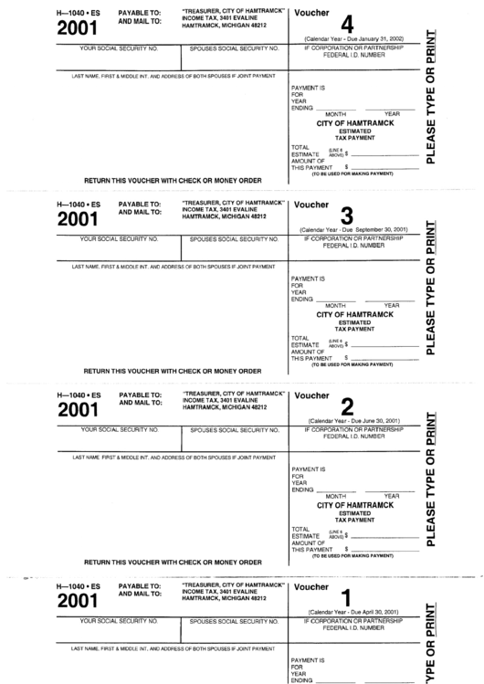 Form H-1040 Es - City Of Hamtramck Estimated Tax Payment Voucher - 2001 Printable pdf