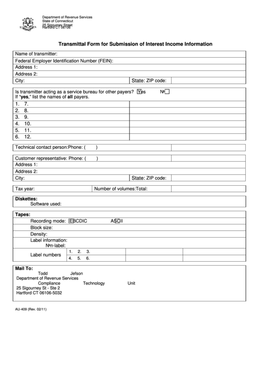 Form Au-409 - Transmittal Form For Submission Of Interest Income Information Printable pdf