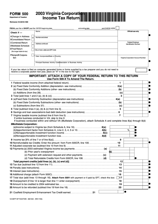 Form 500 - Virginia Corporation Income Tax Return - 2003 Printable pdf