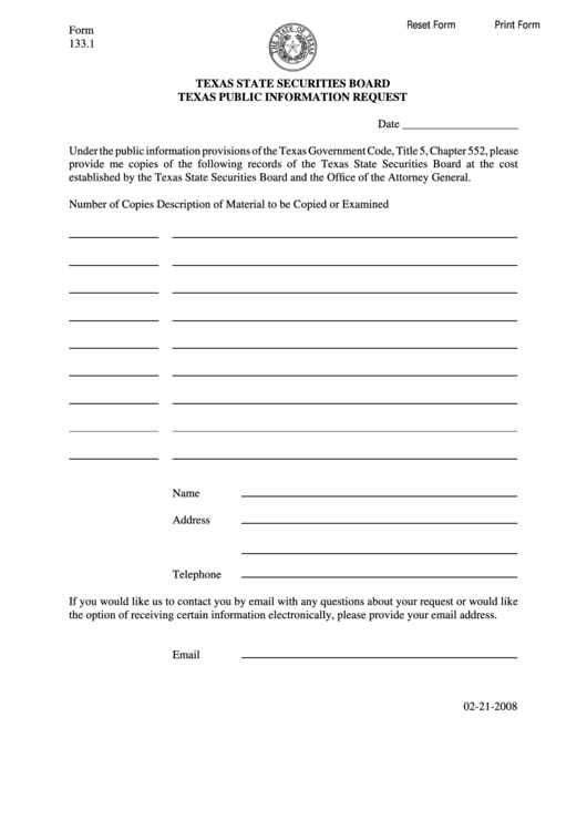 Fillable Form 133.1 - Texas State Securities Board Texas Public Information Request Printable pdf