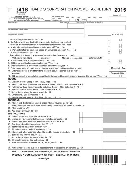 Fillable Form 41s - Idaho S Corporation Income Tax Return - 2015, Form Id K-1 - Partner