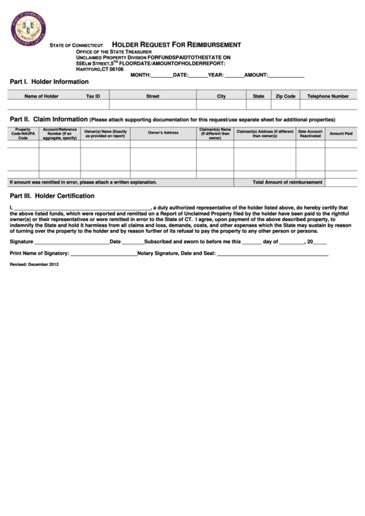 Holder Request For Reimbursement - Connecticut State Treasurer Printable pdf