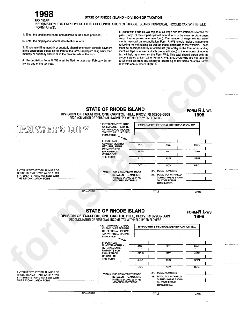 Form Ri-W3 - Reconciliation Of Personal Income Tax Withheld By Employers - 1998