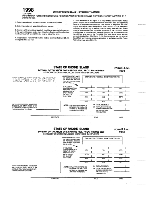 Fillable Form Ri-W3 - Reconciliation Of Personal Income Tax Withheld By Employers - 1998 Printable pdf
