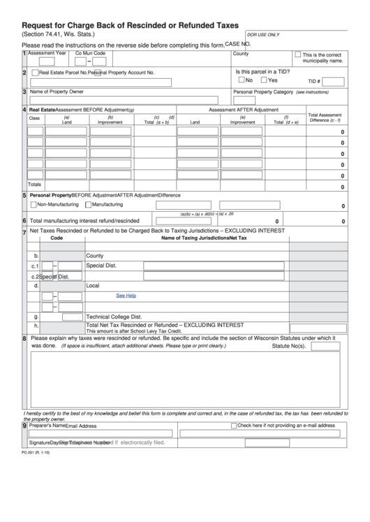 Form Pc-201 - Request For Charge Back Of Rescinded Or Refunded Taxes Printable pdf