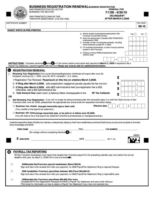 Fillable Business Registration Renewal Form For 7/1/09 - 6/30/10 - San Francisco Tax Collector Printable pdf