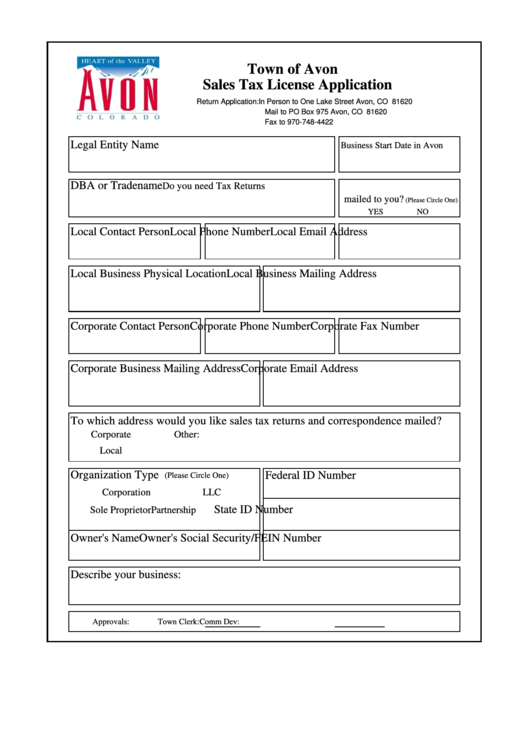 Town Of Avon Sales Tax License Application printable pdf download