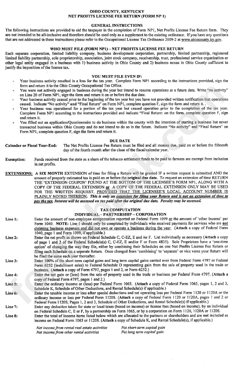 Net Profits License Fee Return (Form Np1) Instructions - Ohio County, Kentucky