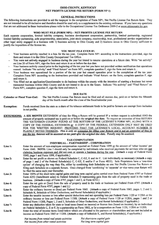 Net Profits License Fee Return (Form Np1) Instructions - Ohio County, Kentucky Printable pdf