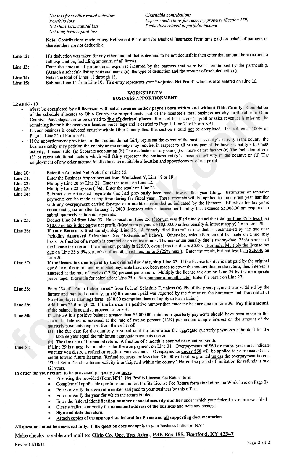 Net Profits License Fee Return (Form Np1) Instructions - Ohio County, Kentucky