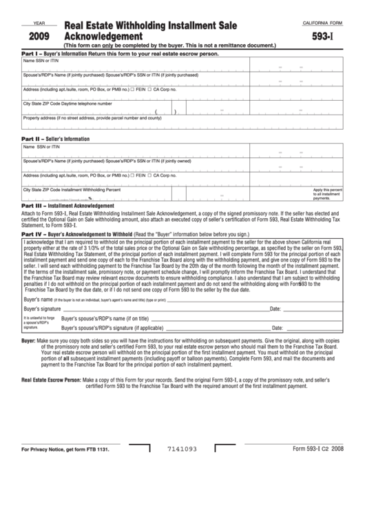 Fillable Californiaform 593-I - Real Estate Withholding Installment Sale Acknowledgement - 2009 Printable pdf