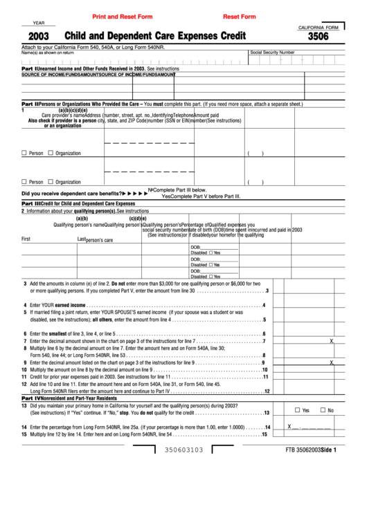 Fillable Form 3506 - Child And Dependent Care Expenses Credit - 2003 Printable pdf