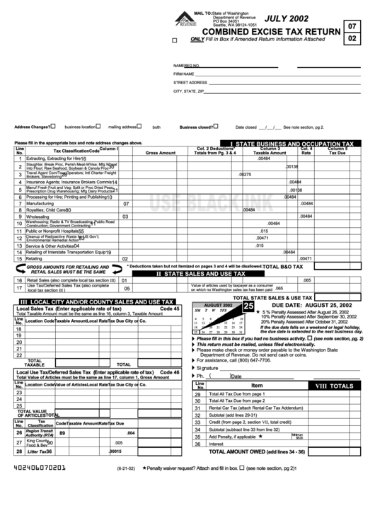 Form O7 - Combined Excise Tax Return - 2002 Printable pdf