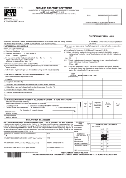 Fillable Form 571-L - Business Property Statement - 2014 Printable pdf