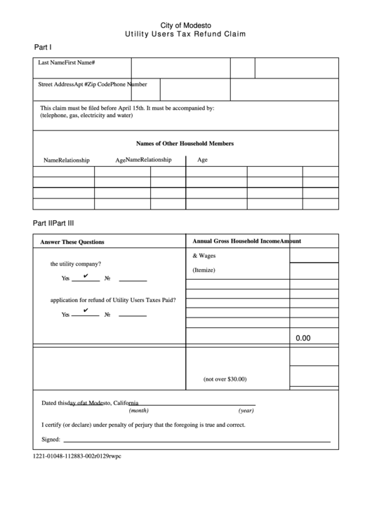 Fillable City Of Modesto Utility Users Tax Refund Claim Form Printable pdf
