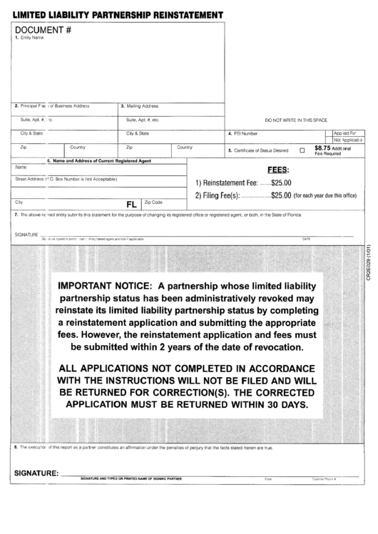 Form Cr2e029 - Limited Liability Partnership Reinstatement Printable pdf