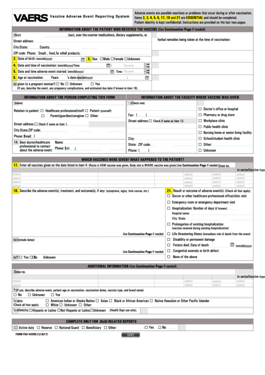 Fillable Form Fda Vaers-2.0 - Vaccine Adverse Event Reporting System Printable pdf