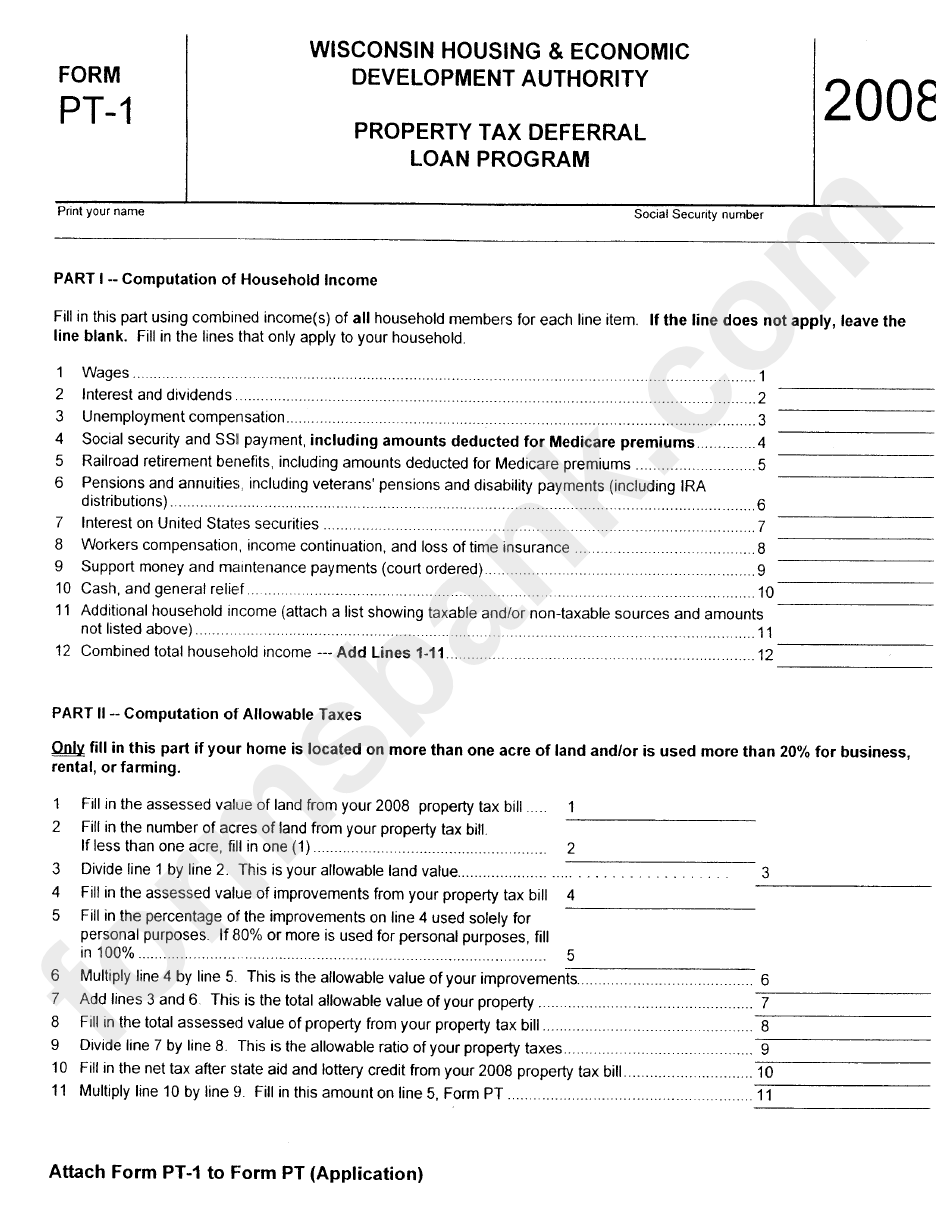 Form Pt-1 - Property Tax Deferral Loan Program - Wisconsin Housing & Economic Development Authority - 2008