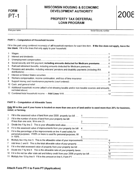 Form Pt-1 - Property Tax Deferral Loan Program - Wisconsin Housing & Economic Development Authority - 2008 Printable pdf