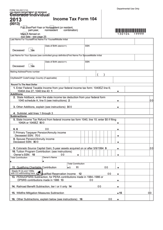 Fillable Form 104 - Colorado Individual Income Tax - 2013 Printable pdf