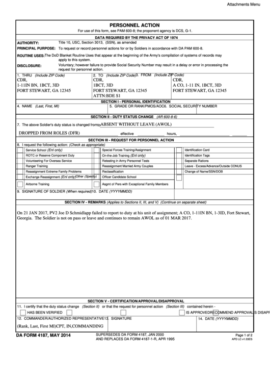Fillable Da Form 4187 - Personnel Action Printable pdf