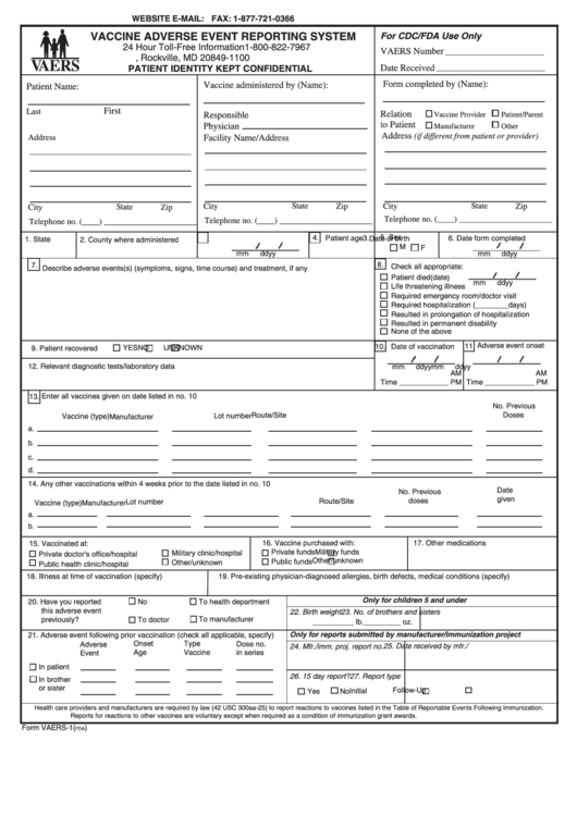 Form Vaers-1 - Vaccine Adverse Event Reporting System Printable pdf
