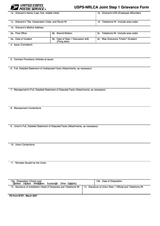 Fillable Ps Form 8191 - Usps-Nrlca Joint Step 1 Grievance Form Printable pdf