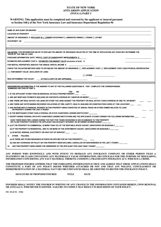 Fillable Form Nyfa-1 - State Of New York Anti-Arson Application Printable pdf