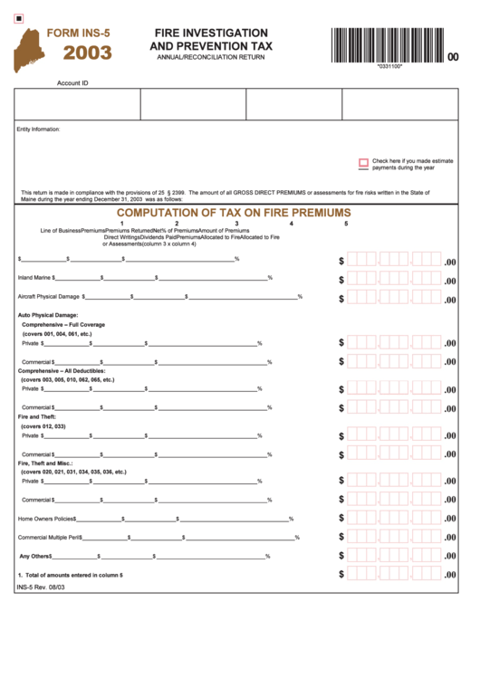 Form Ins-5 - Fire Investigation And Prevention Tax - 2003 Printable pdf