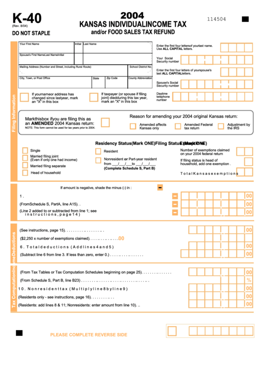 Form K 40 Kansas Individual Income Tax 2004 Printable Pdf Download