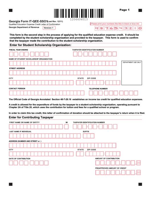 Fillable Georgia Form It-Qee-Sso1 - Qualified Education Expense Credit Letter Of Confirmation Printable pdf
